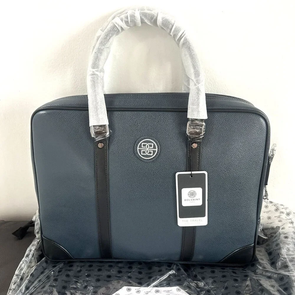 Bolvaint Cabot Luxury Briefcase Navy Leather w/Black Accents Travel Collection